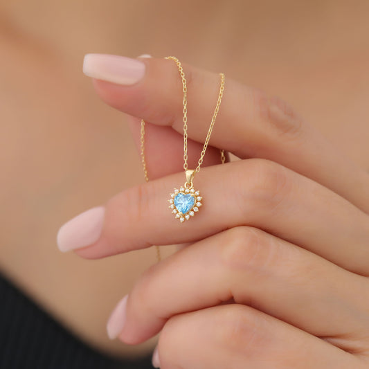 Blue Topaz Heart Necklace Surrounded by Real Diamonds in 14K Solid Gold Pendant, December Birthstone Charms Queen Jewelry Necklace