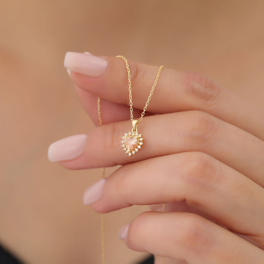 Citrine Heart Necklace Surrounded by Real Diamonds in 14K Solid Gold Pendant, November Birthstone Charms Queen Jewelry Necklace