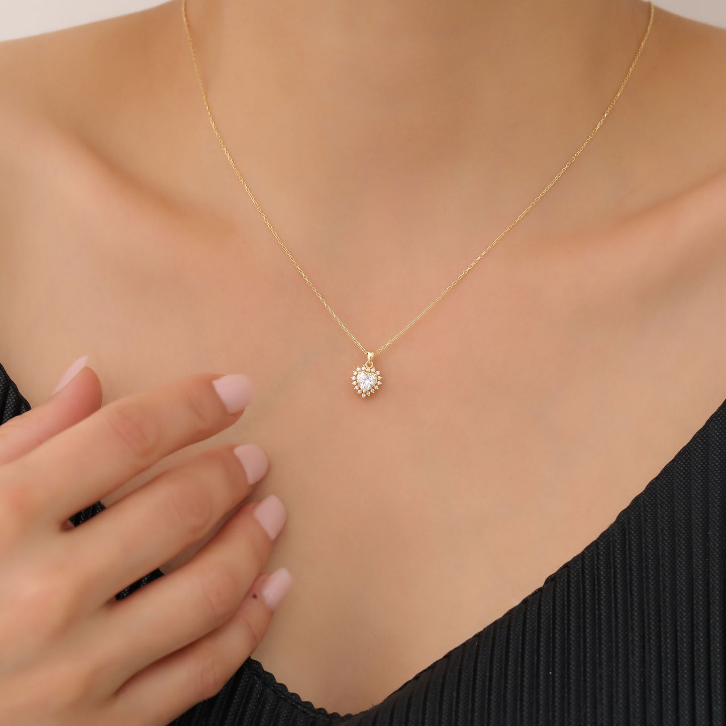 White Topaz Heart Necklace Surrounded by Real Diamonds in 14K Solid Gold Pendant, April Birthstone Charms Queen Jewelry Necklace