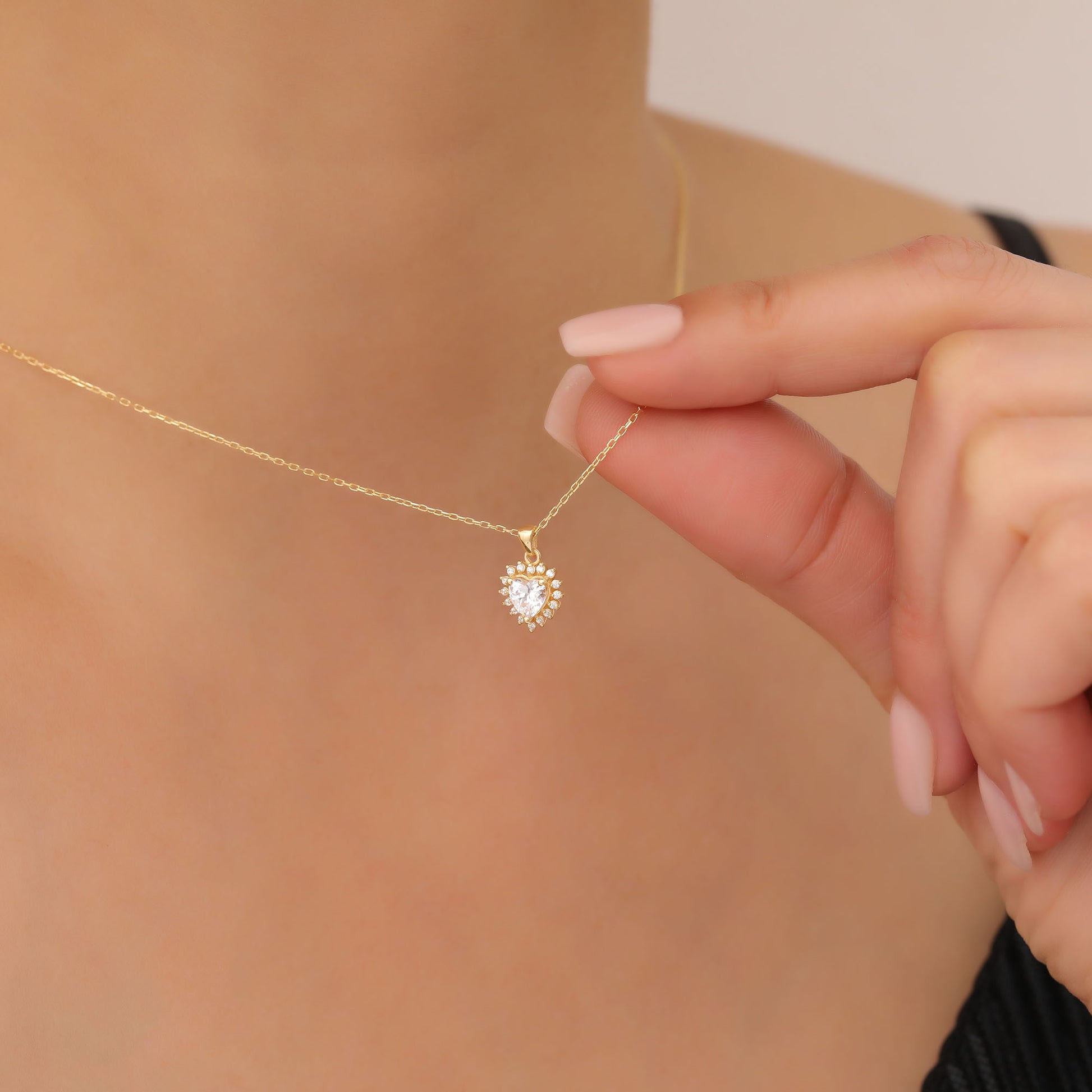 White Topaz Heart Necklace Surrounded by Real Diamonds in 14K Solid Gold Pendant, April Birthstone Charms Queen Jewelry Necklace