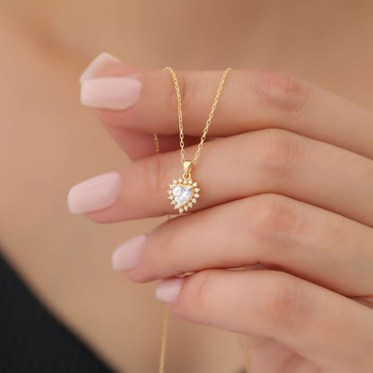 White Topaz Heart Necklace Surrounded by Real Diamonds in 14K Solid Gold Pendant, April Birthstone Charms Queen Jewelry Necklace