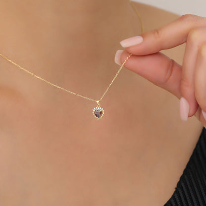 Smoky Quartz Heart Necklace Surrounded by Real Diamonds in 14K Solid Gold Pendant, Birthstone Charms Queen Jewelry Necklace