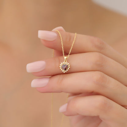Smoky Quartz Heart Necklace Surrounded by Real Diamonds in 14K Solid Gold Pendant, Birthstone Charms Queen Jewelry Necklace