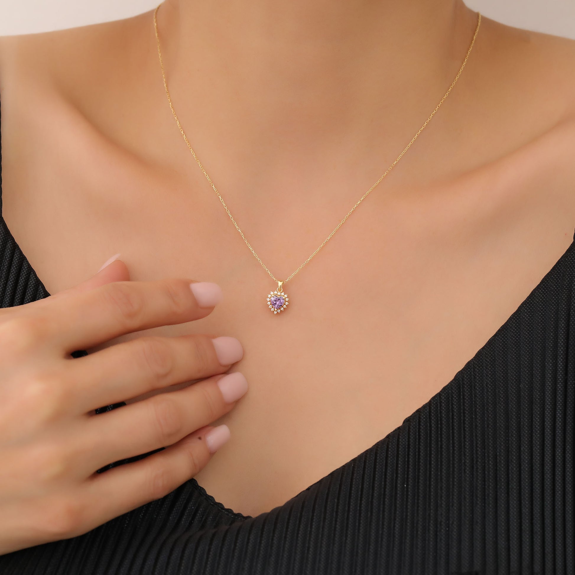 Amethyst Heart Necklace Surrounded by Real Diamonds in 14K Solid Gold Pendant, February Birthstone Charms Queen Jewelry Necklace