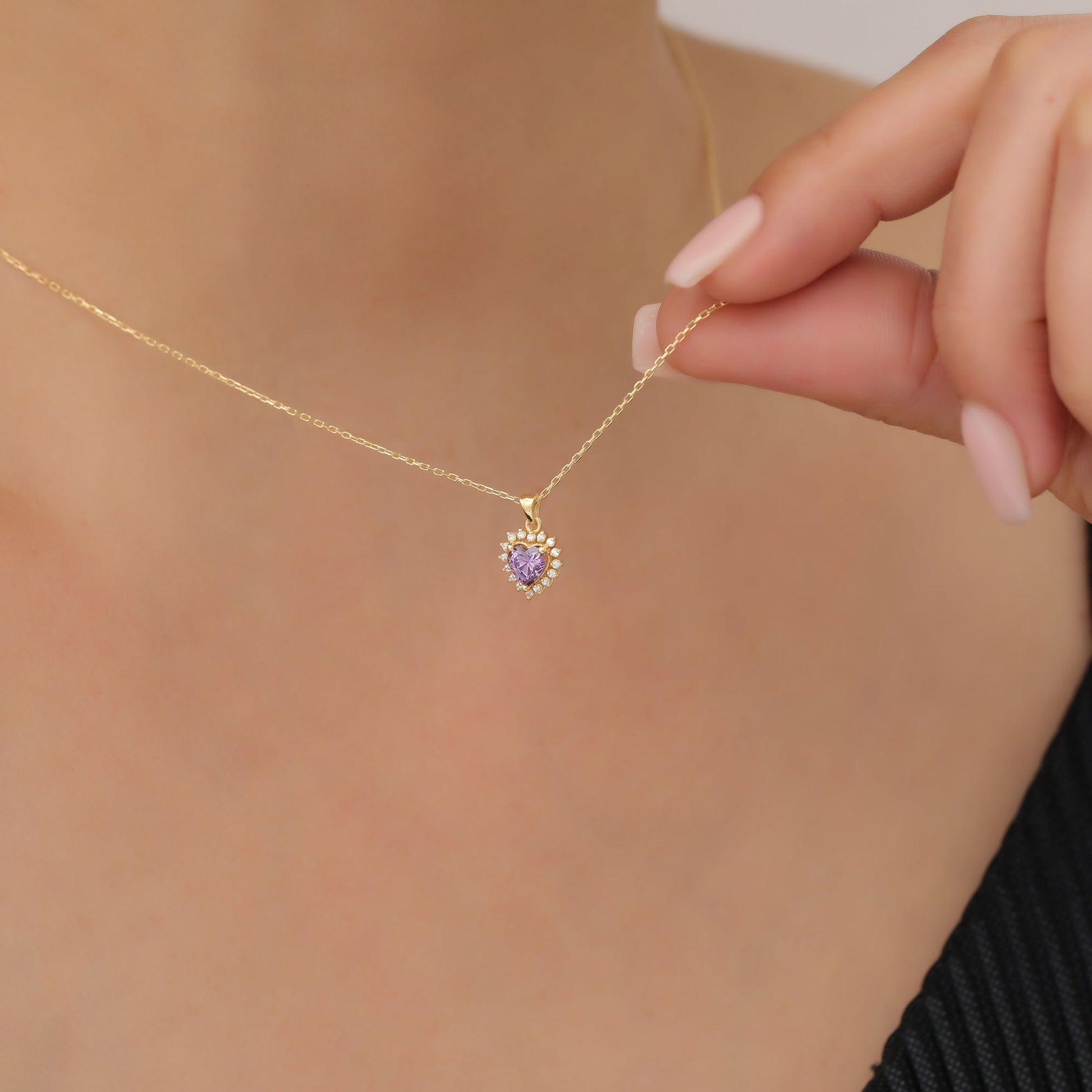 Amethyst Heart Necklace Surrounded by Real Diamonds in 14K Solid Gold Pendant, February Birthstone Charms Queen Jewelry Necklace