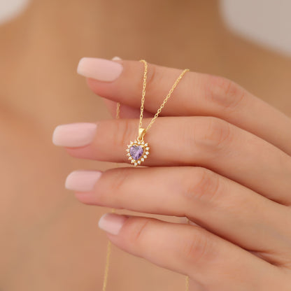 Amethyst Heart Necklace Surrounded by Real Diamonds in 14K Solid Gold Pendant, February Birthstone Charms Queen Jewelry Necklace