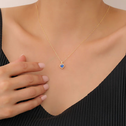 Sapphire Heart Necklace Surrounded by Real Diamonds in 14K Solid Gold Pendant, September Birthstone Charms Queen Jewelry Necklace