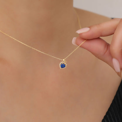 Sapphire Heart Necklace Surrounded by Real Diamonds in 14K Solid Gold Pendant, September Birthstone Charms Queen Jewelry Necklace