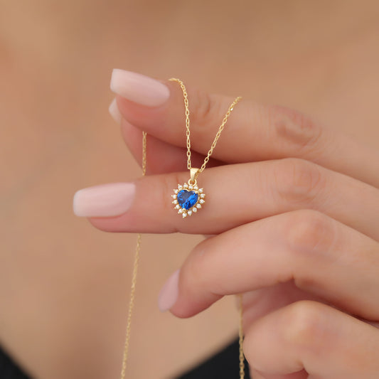 Sapphire Heart Necklace Surrounded by Real Diamonds in 14K Solid Gold Pendant, September Birthstone Charms Queen Jewelry Necklace