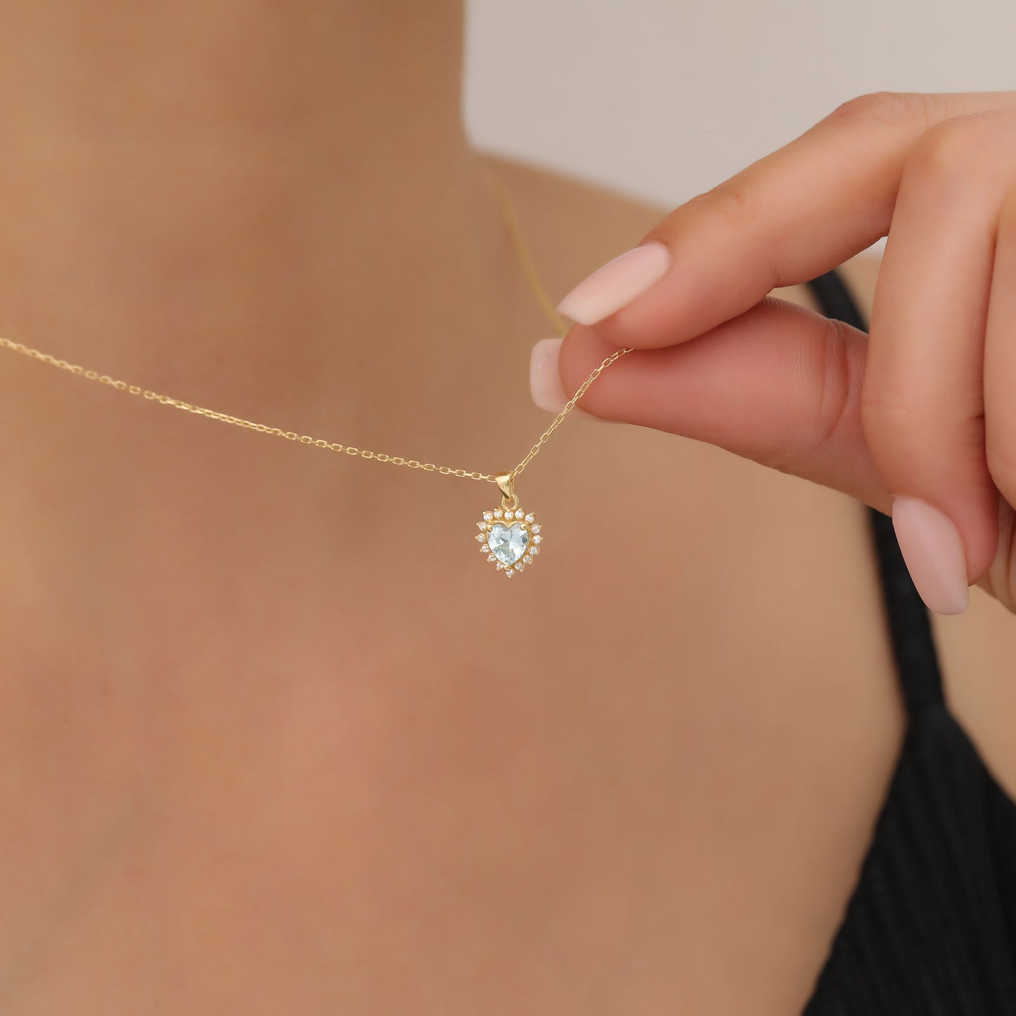 Aquamarine Heart Necklace Surrounded by Real Diamonds in 14K Solid Gold Pendant, March Birthstone Charms Queen Jewelry Necklace