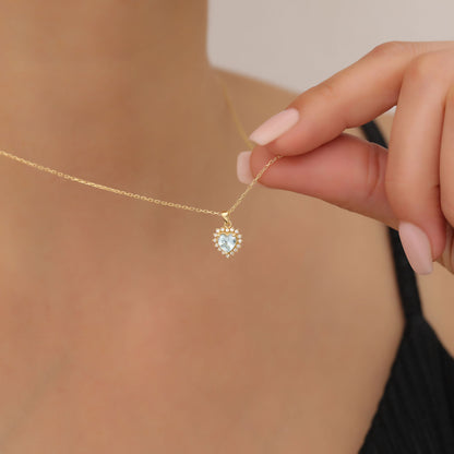 Aquamarine Heart Necklace Surrounded by Real Diamonds in 14K Solid Gold Pendant, March Birthstone Charms Queen Jewelry Necklace