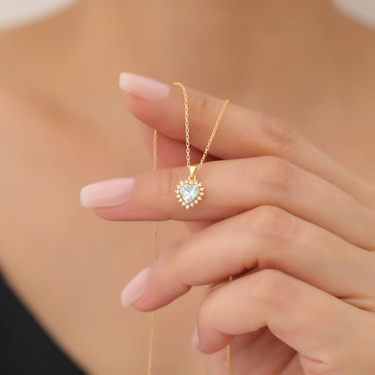 Aquamarine Heart Necklace Surrounded by Real Diamonds in 14K Solid Gold Pendant, March Birthstone Charms Queen Jewelry Necklace