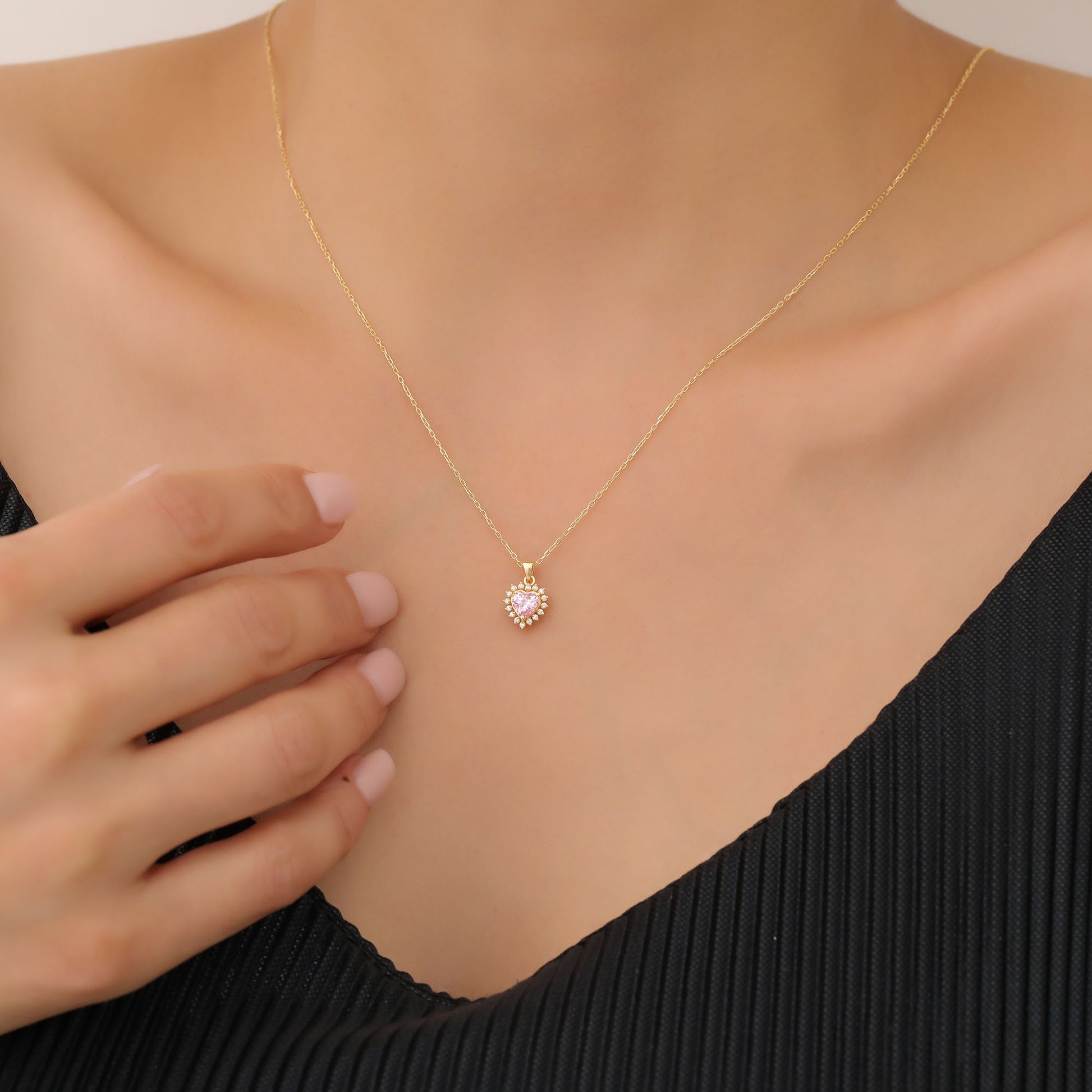 Pink Tourmaline Heart Necklace Surrounded by Real Diamonds in 14K Solid Gold Pendant, October Birthstone Charms Queen Jewelry Necklace