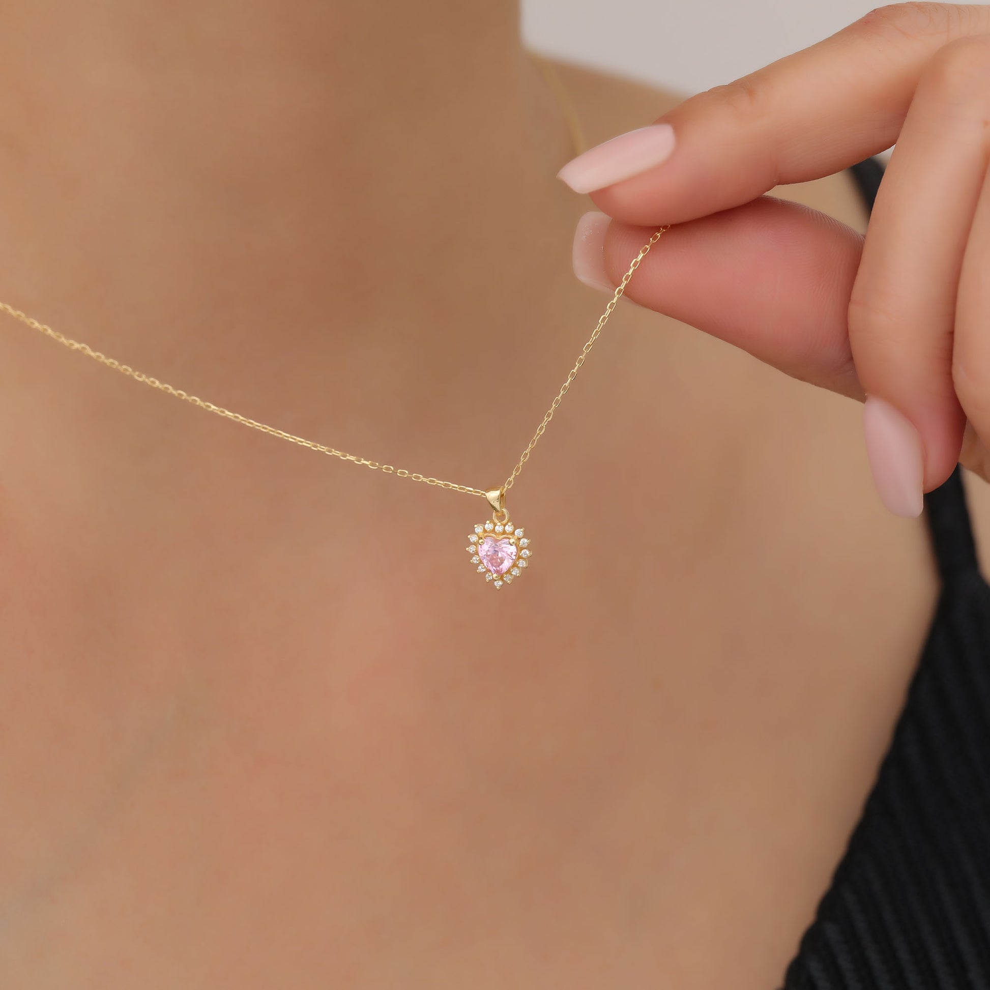 Pink Tourmaline Heart Necklace Surrounded by Real Diamonds in 14K Solid Gold Pendant, October Birthstone Charms Queen Jewelry Necklace