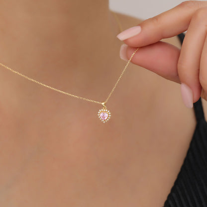 Pink Tourmaline Heart Necklace Surrounded by Real Diamonds in 14K Solid Gold Pendant, October Birthstone Charms Queen Jewelry Necklace