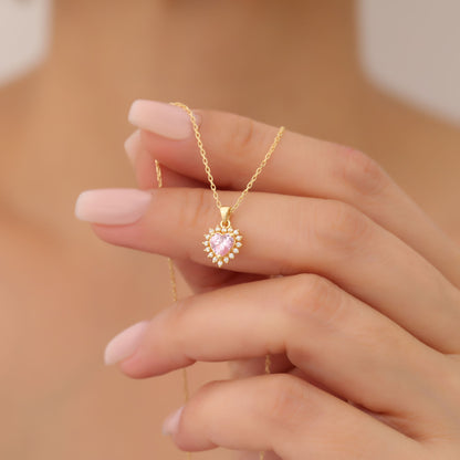 Pink Tourmaline Heart Necklace Surrounded by Real Diamonds in 14K Solid Gold Pendant, October Birthstone Charms Queen Jewelry Necklace