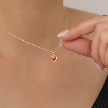Garnet Heart Necklace Surrounded by Real Diamonds in 14K Solid Gold Pendant, January Birthstone Charms Queen Jewelry Necklace