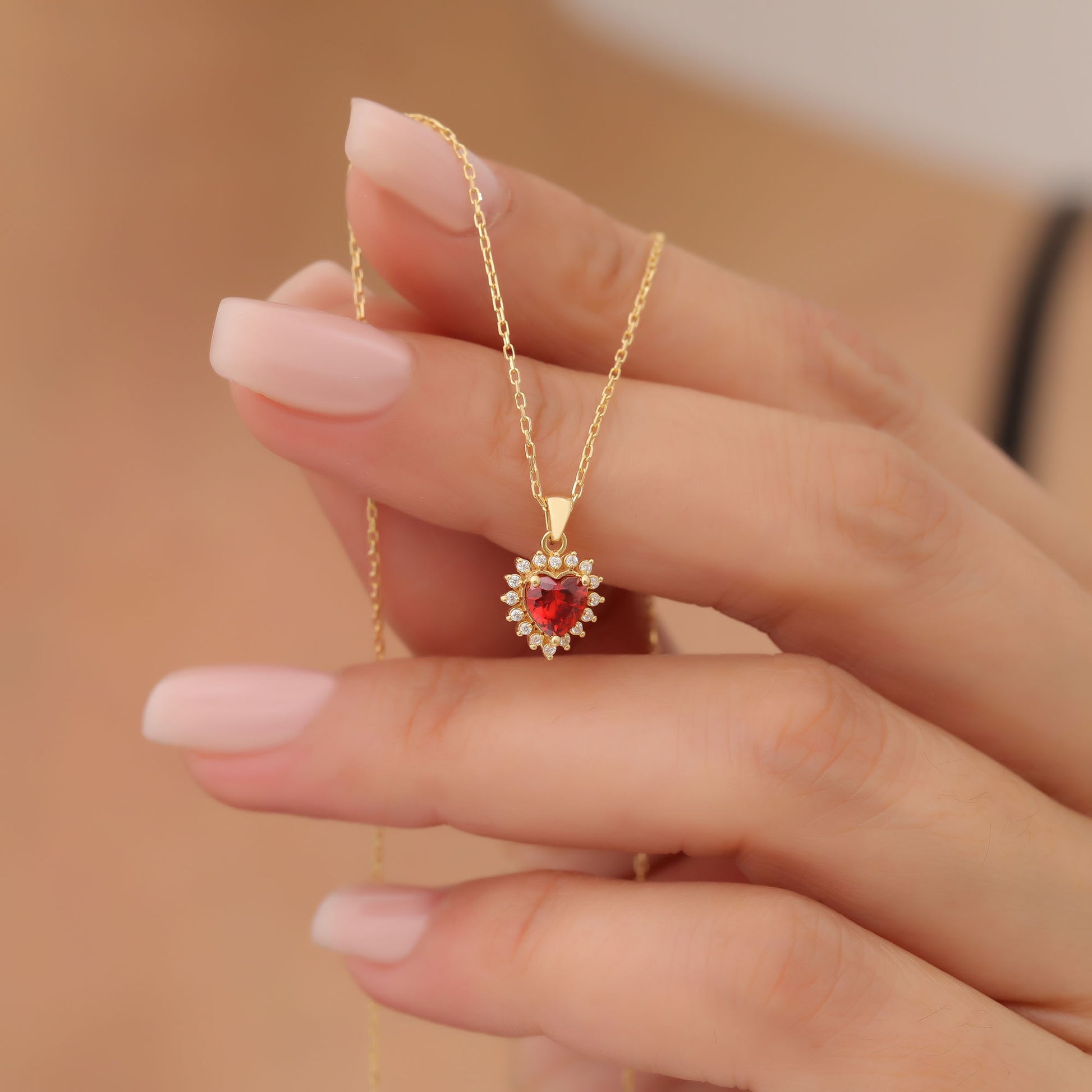 Garnet Heart Necklace Surrounded by Real Diamonds in 14K Solid Gold Pendant, January Birthstone Charms Queen Jewelry Necklace