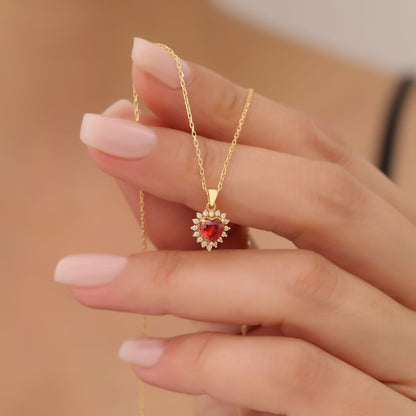 Garnet Heart Necklace Surrounded by Real Diamonds in 14K Solid Gold Pendant, January Birthstone Charms Queen Jewelry Necklace