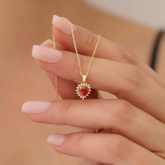 Garnet Heart Necklace Surrounded by Real Diamonds in 14K Solid Gold Pendant, January Birthstone Charms Queen Jewelry Necklace