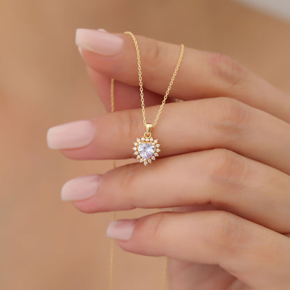 Alexandrite Heart Necklace Surrounded by Real Diamonds in 14K Solid Gold Pendant, June Birthstone Charms Queen Jewelry Necklace