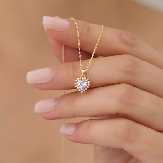 Alexandrite Heart Necklace Surrounded by Real Diamonds in 14K Solid Gold Pendant, June Birthstone Charms Queen Jewelry Necklace