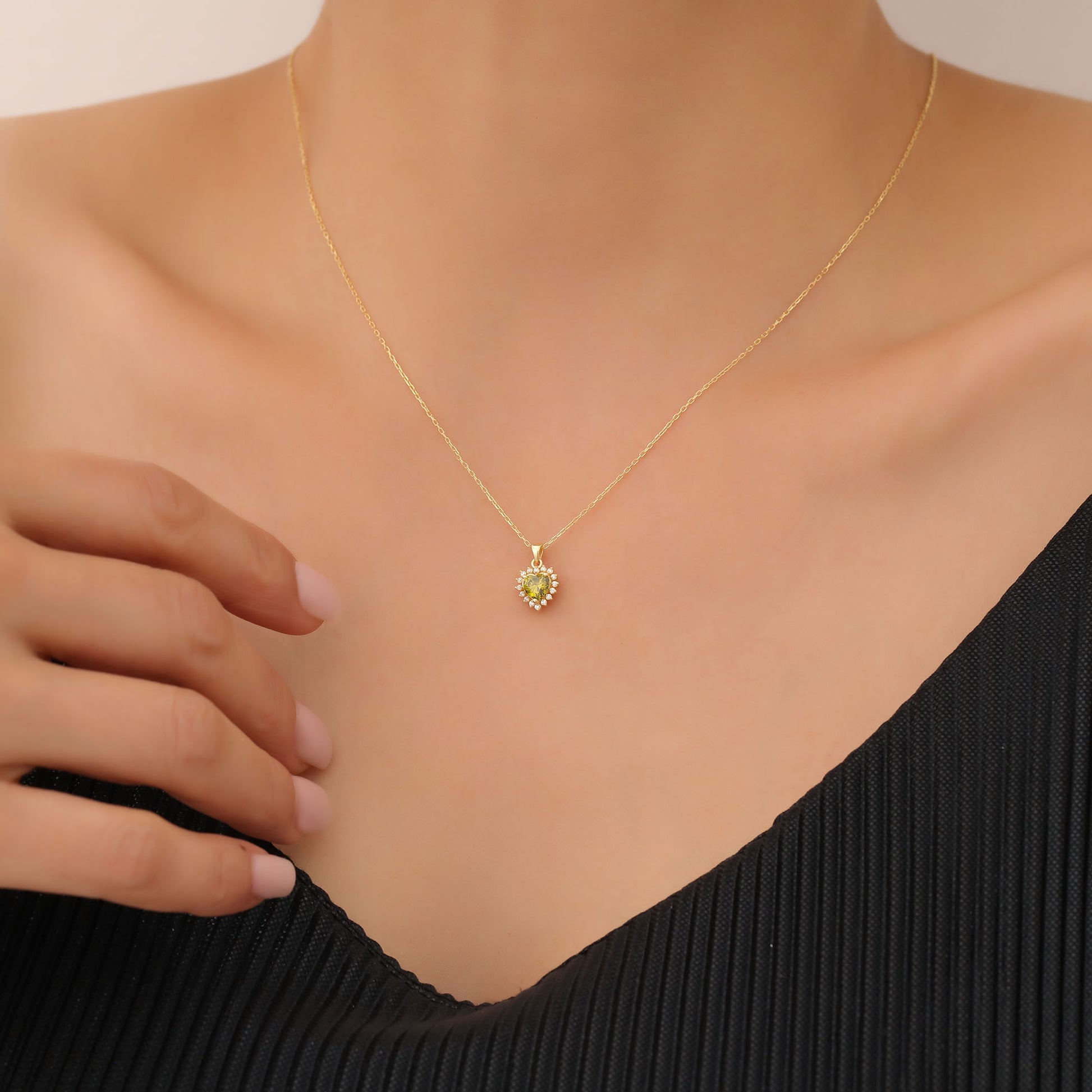 Peridot Heart Necklace Surrounded by Real Diamonds in 14K Solid Gold Pendant, August Birthstone Charms Queen Jewelry Necklace