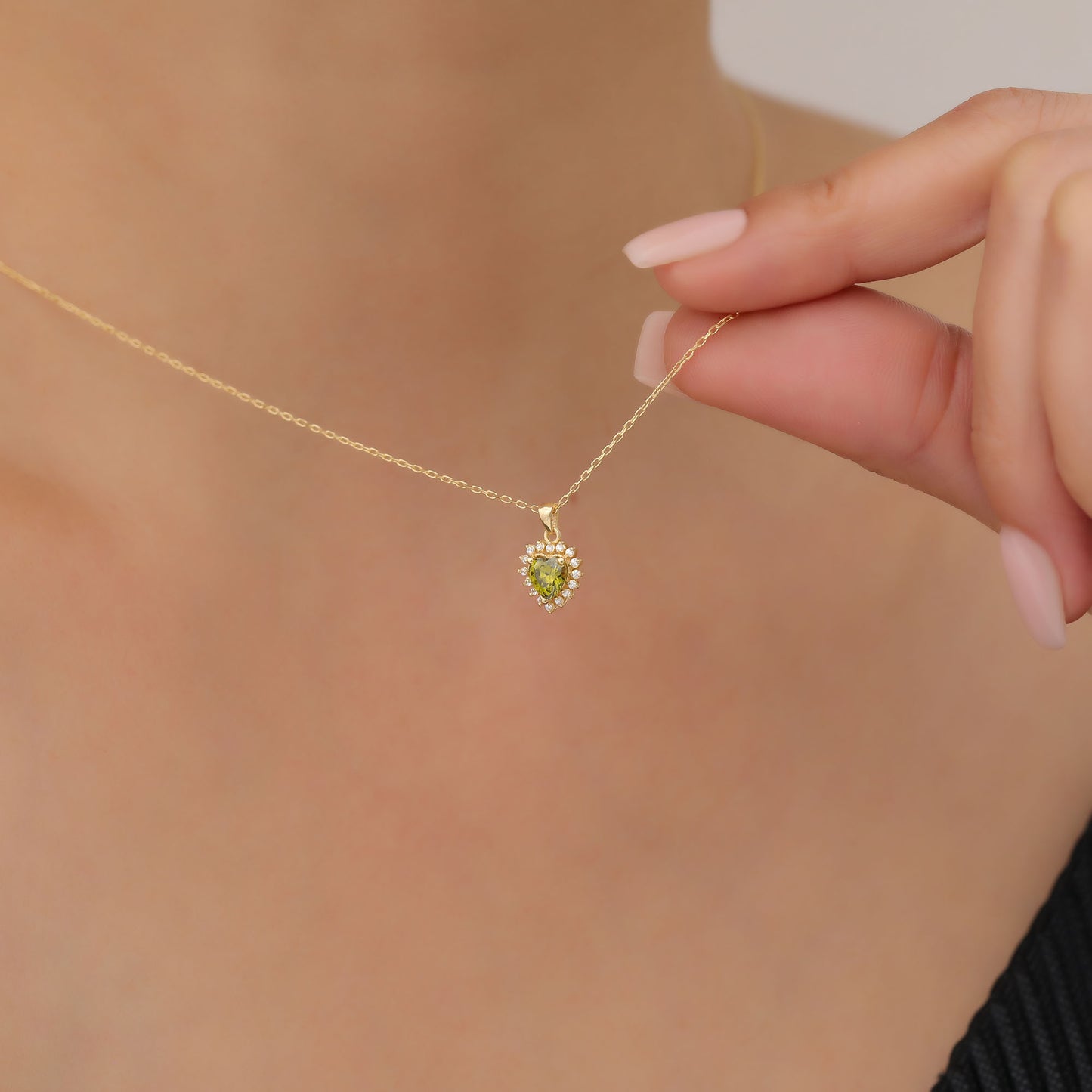Peridot Heart Necklace Surrounded by Real Diamonds in 14K Solid Gold Pendant, August Birthstone Charms Queen Jewelry Necklace