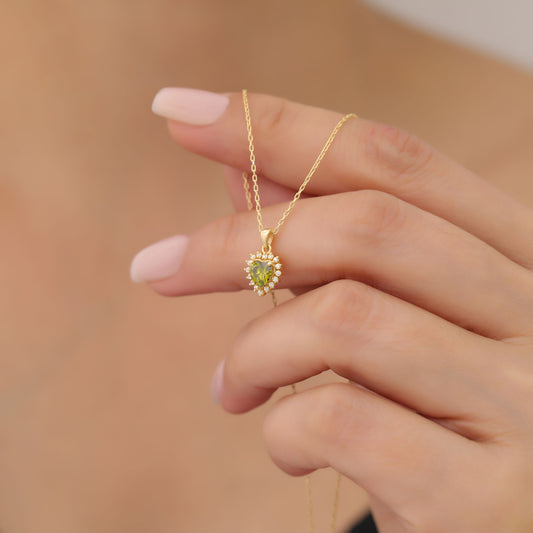 Peridot Heart Necklace Surrounded by Real Diamonds in 14K Solid Gold Pendant, August Birthstone Charms Queen Jewelry Necklace