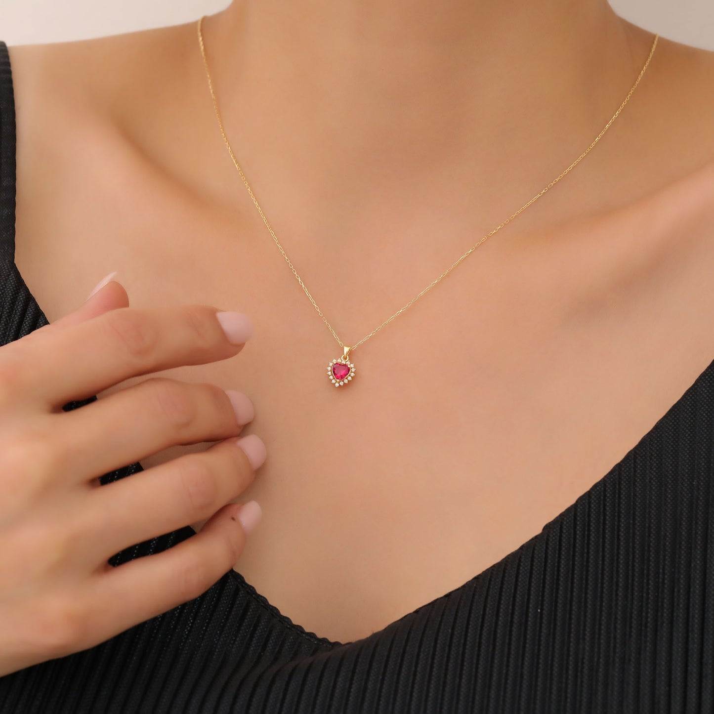 Ruby Heart Necklace Surrounded by Real Diamonds in 14K Solid Gold Pendant, July Birthstone Charms Queen Jewelry Necklace