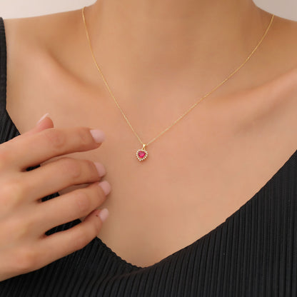 Ruby Heart Necklace Surrounded by Real Diamonds in 14K Solid Gold Pendant, July Birthstone Charms Queen Jewelry Necklace