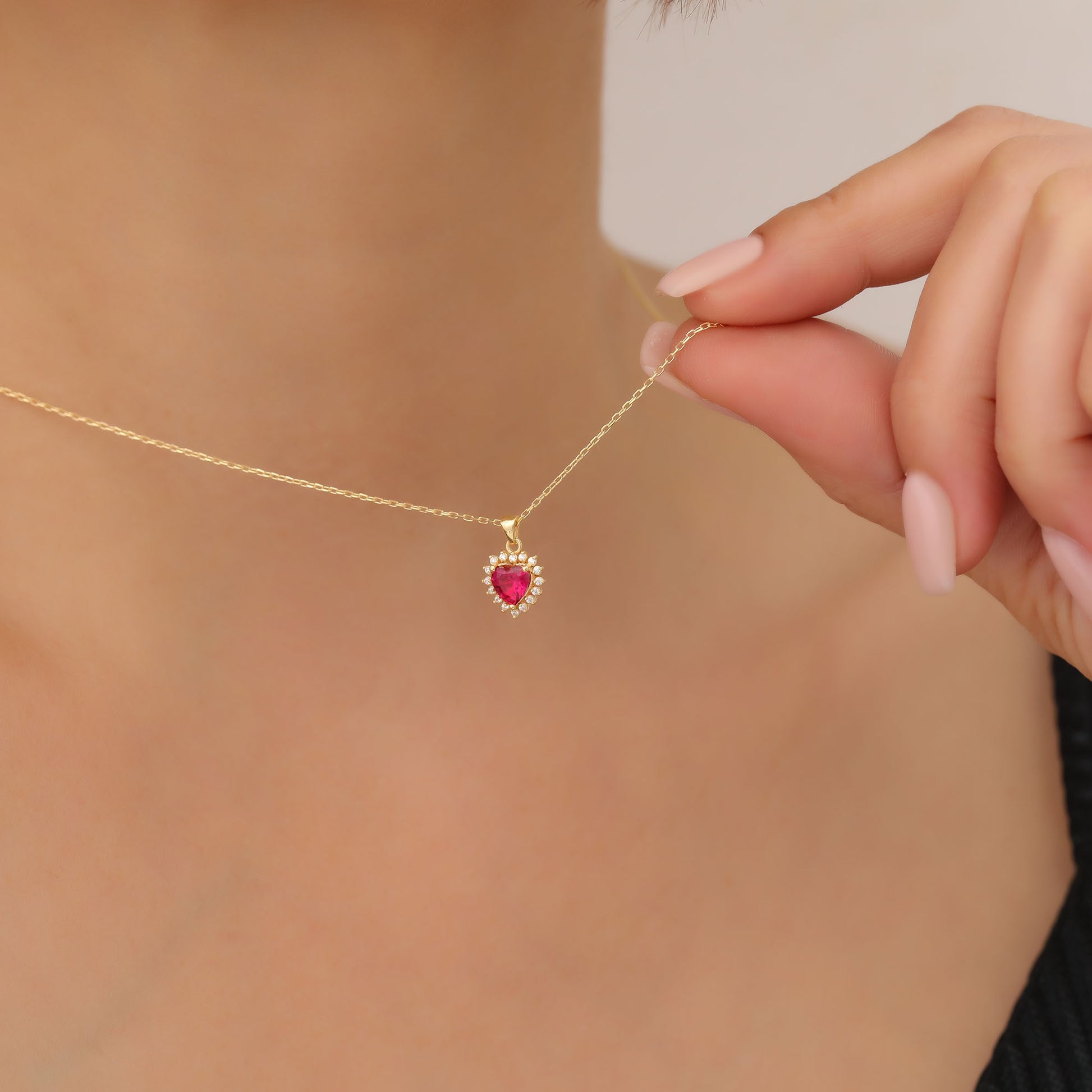 Ruby Heart Necklace Surrounded by Real Diamonds in 14K Solid Gold Pendant, July Birthstone Charms Queen Jewelry Necklace