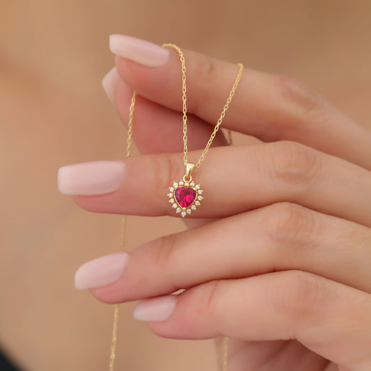 Ruby Heart Necklace Surrounded by Real Diamonds in 14K Solid Gold Pendant, July Birthstone Charms Queen Jewelry Necklace