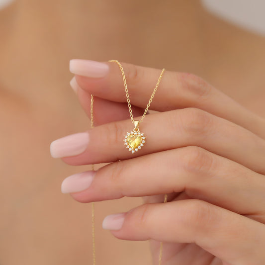 Yellow Topaz Heart Necklace Surrounded by Real Diamonds in 14K Solid Gold Pendant, Birthstone Charms Queen Jewelry Necklace