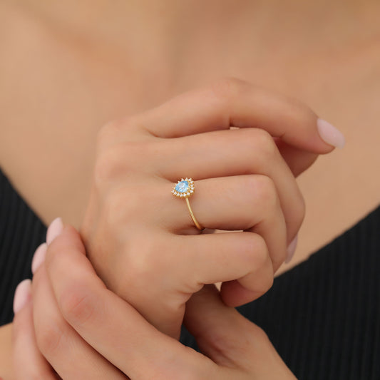 Blue Topaz Heart Ring by 16 Real Diamonds in 14K Solid Gold, December Birthstone Jewelry Queen Jewelry Rings