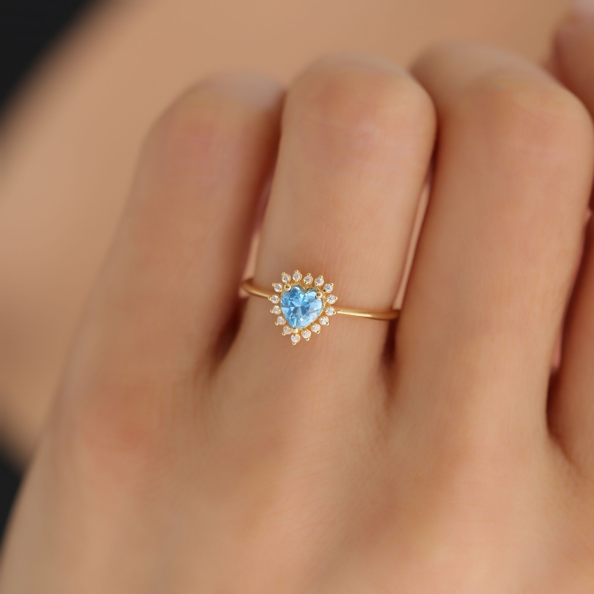 Blue Topaz Heart Ring by 16 Real Diamonds in 14K Solid Gold, December Birthstone Jewelry Queen Jewelry Rings