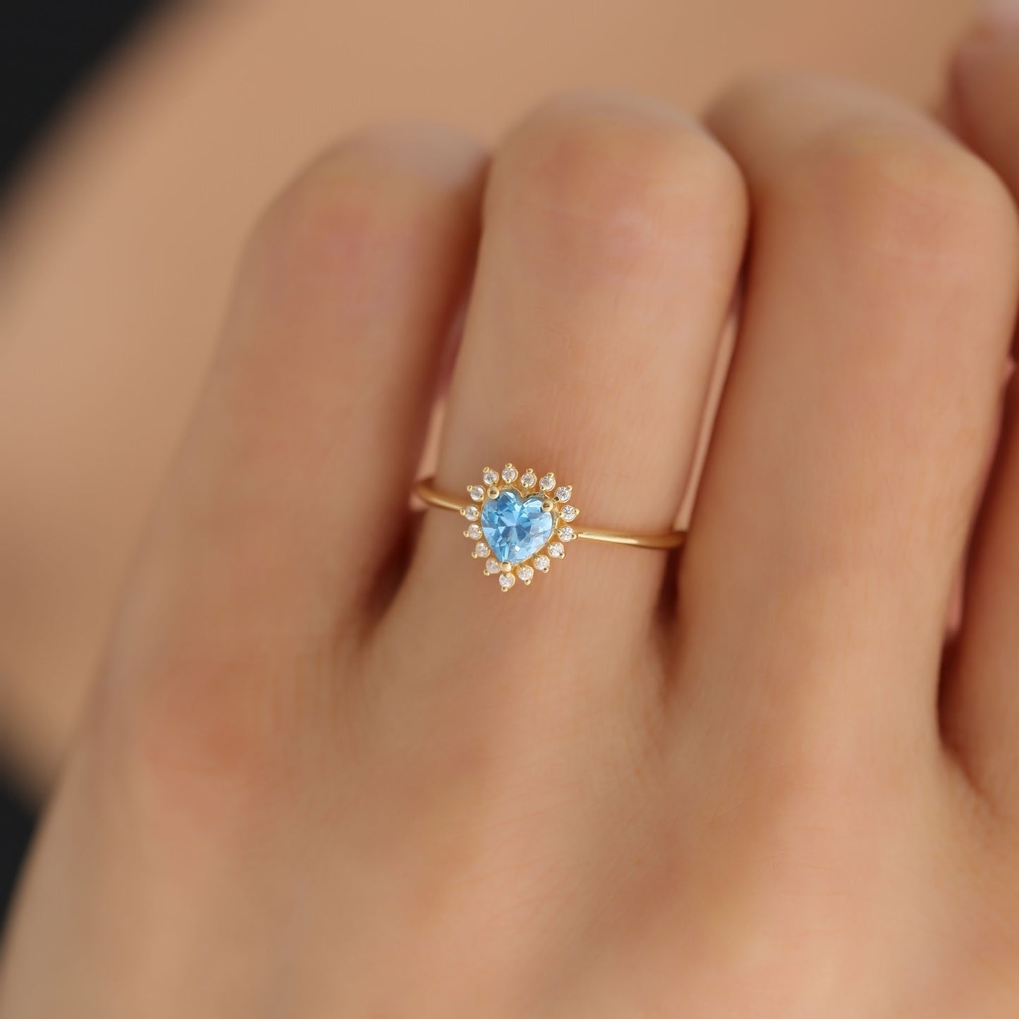 Blue Topaz Heart Ring by 16 Real Diamonds in 14K Solid Gold, December Birthstone Jewelry Queen Jewelry Rings
