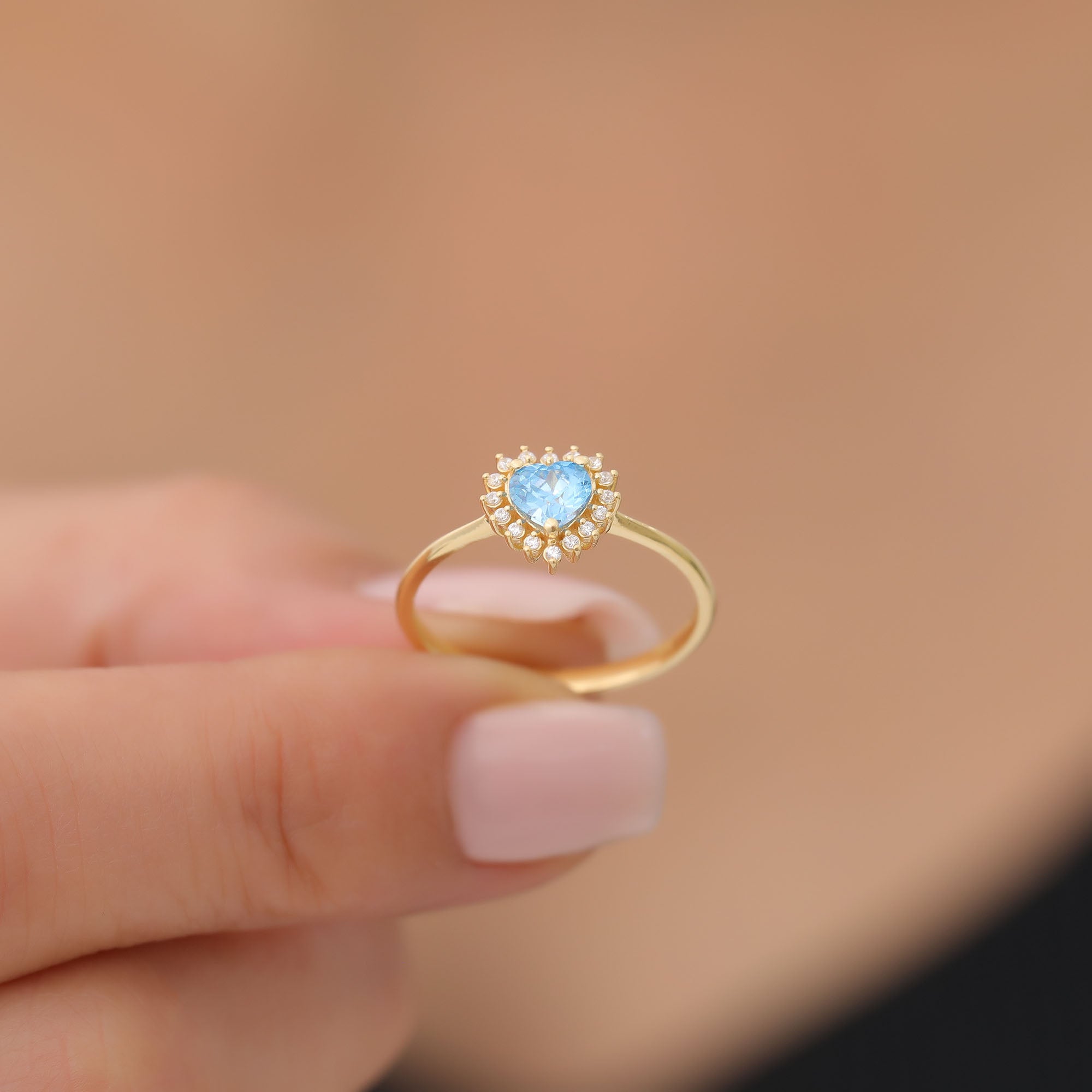 Blue Topaz Heart Ring by 16 Real Diamonds in 14K Solid Gold, December Birthstone Jewelry Queen Jewelry Rings