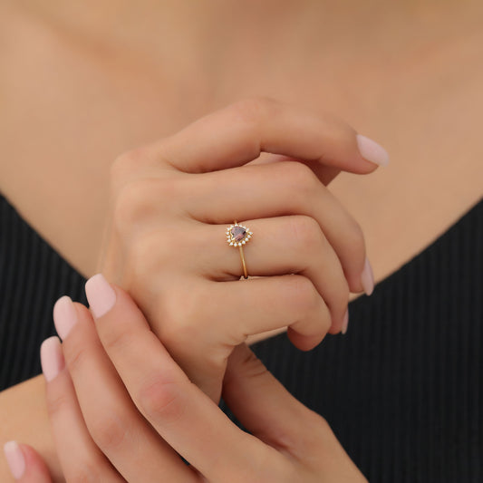 Smoky Quartz Heart Ring by 16 Real Diamonds in 14K Solid Gold, Birthstone Jewelry Queen Jewelry Rings