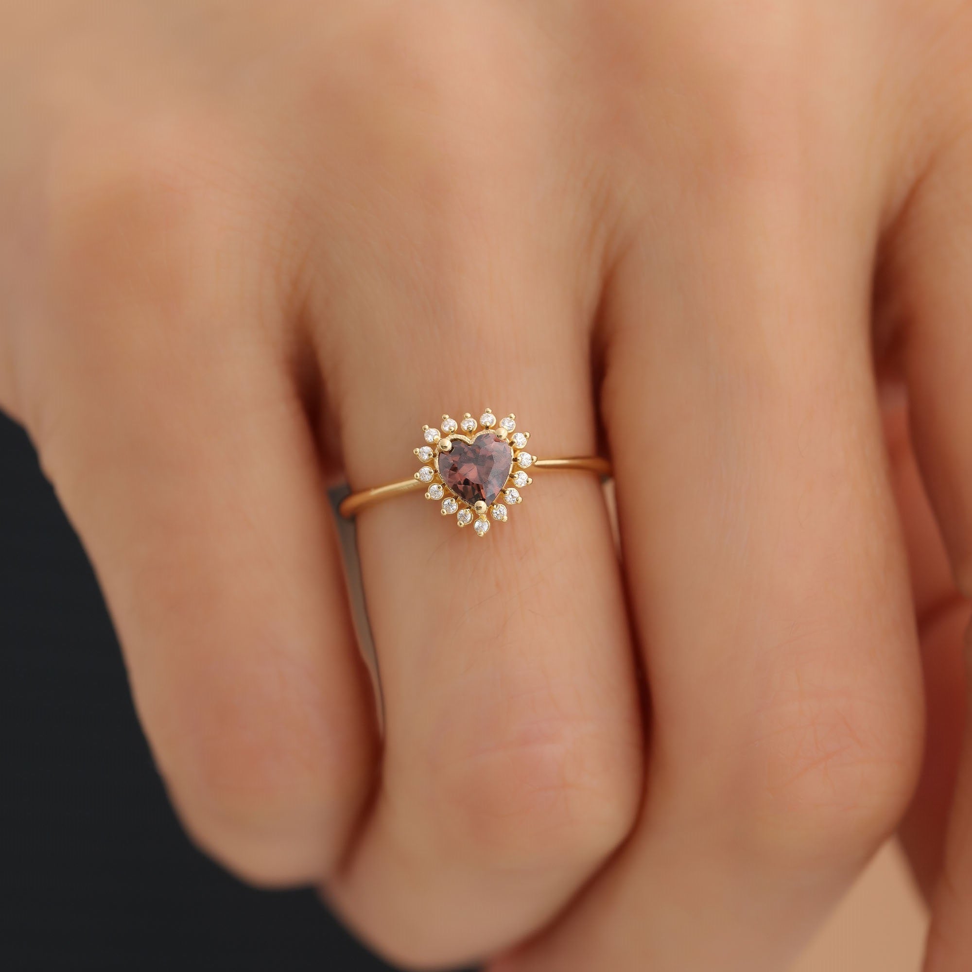 Smoky Quartz Heart Ring by 16 Real Diamonds in 14K Solid Gold, Birthstone Jewelry Queen Jewelry Rings