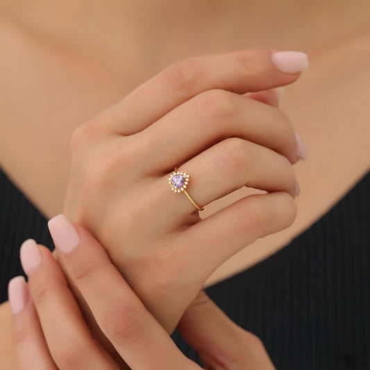 Amethyst Heart Ring by 16 Real Diamonds in 14K Solid Gold, February Birthstone Jewelry Queen Jewelry Rings