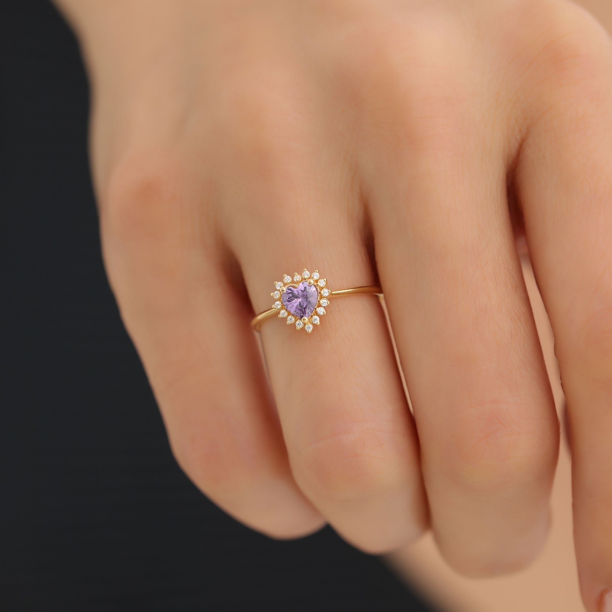 Amethyst Heart Ring by 16 Real Diamonds in 14K Solid Gold, February Birthstone Jewelry Queen Jewelry Rings