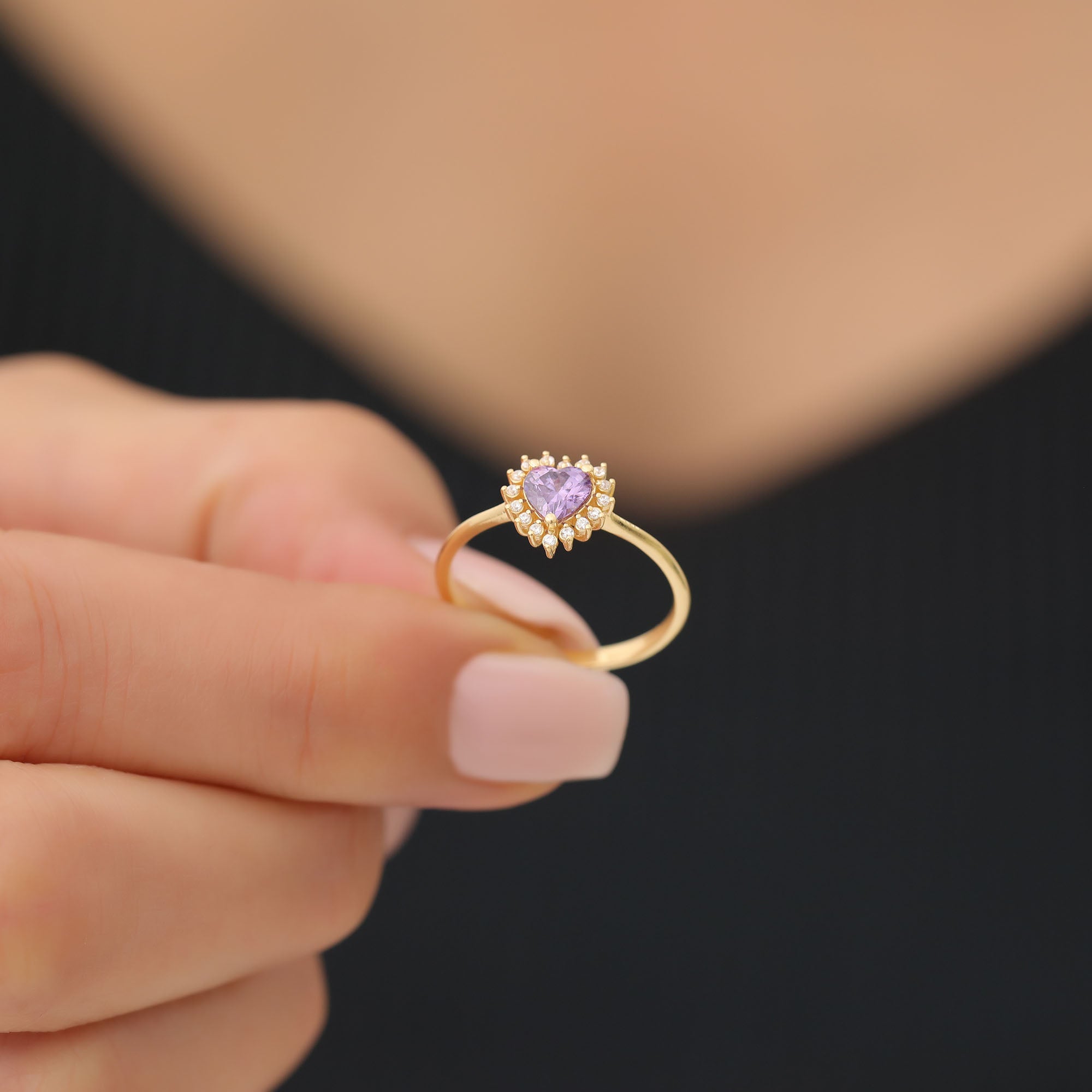 Amethyst Heart Ring by 16 Real Diamonds in 14K Solid Gold, February Birthstone Jewelry Queen Jewelry Rings