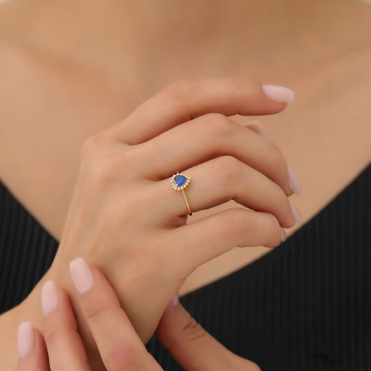 Sapphire Heart Ring by 16 Real Diamonds in 14K Solid Gold, September Birthstone Jewelry Queen Jewelry Rings