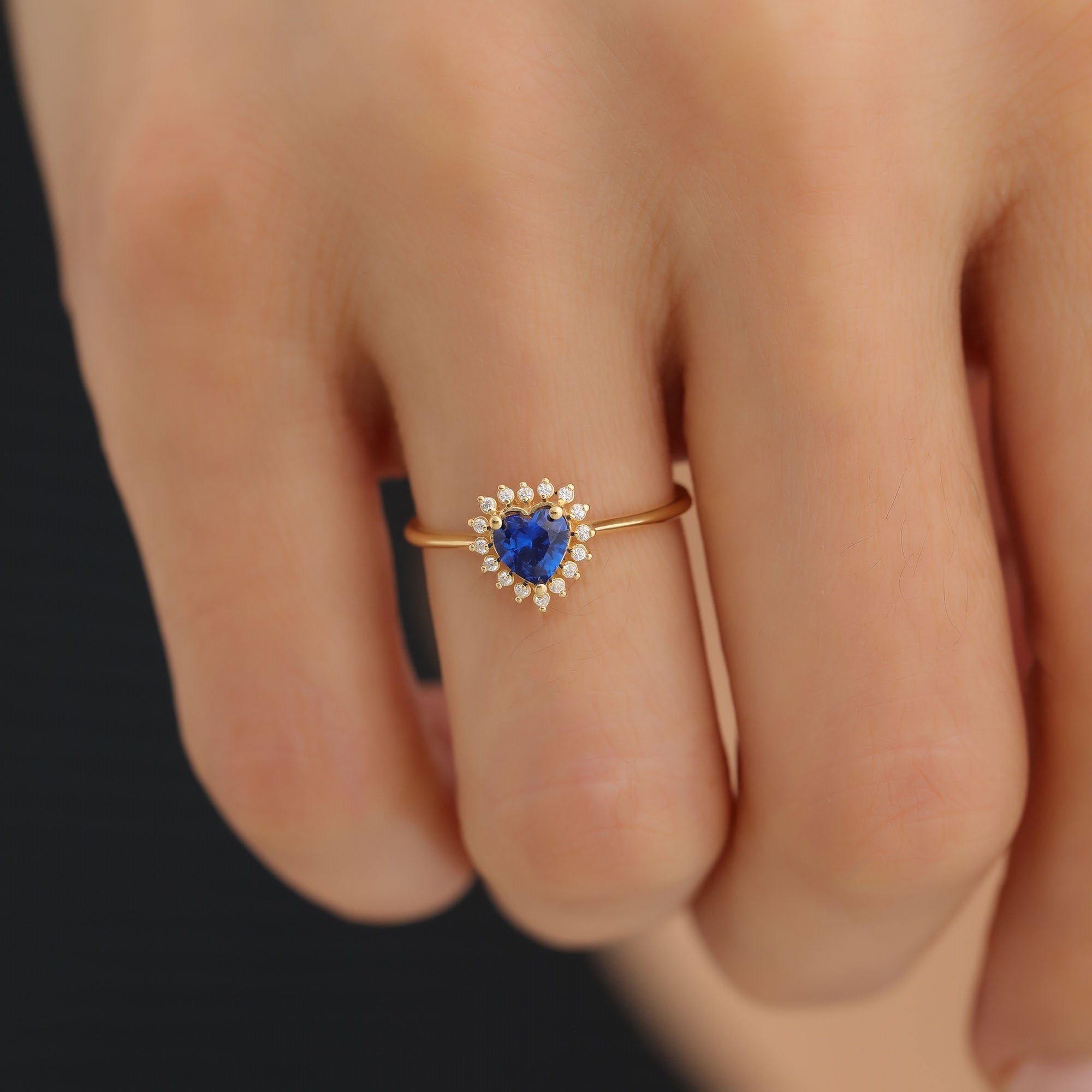 Sapphire Heart Ring by 16 Real Diamonds in 14K Solid Gold, September Birthstone Jewelry Queen Jewelry Rings