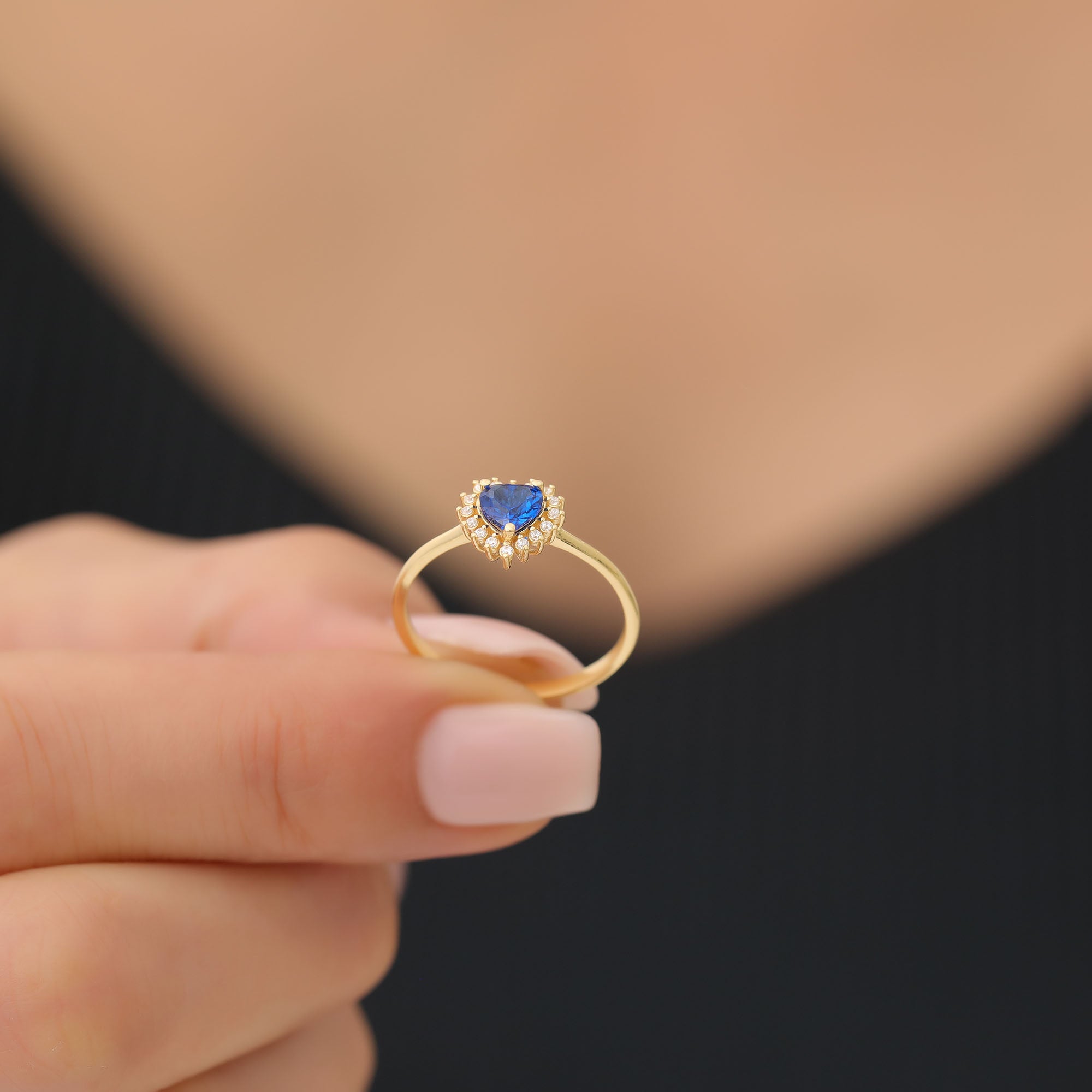 Sapphire Heart Ring by 16 Real Diamonds in 14K Solid Gold, September Birthstone Jewelry Queen Jewelry Rings