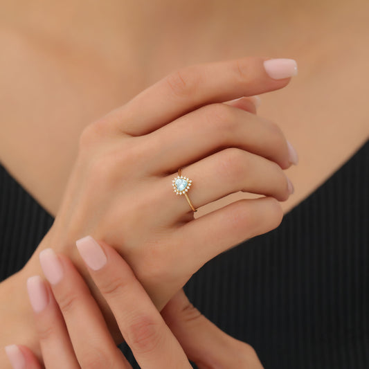 Aquamarine Heart Ring by 16 Real Diamonds in 14K Solid Gold, March Birthstone Jewelry Queen Jewelry Rings