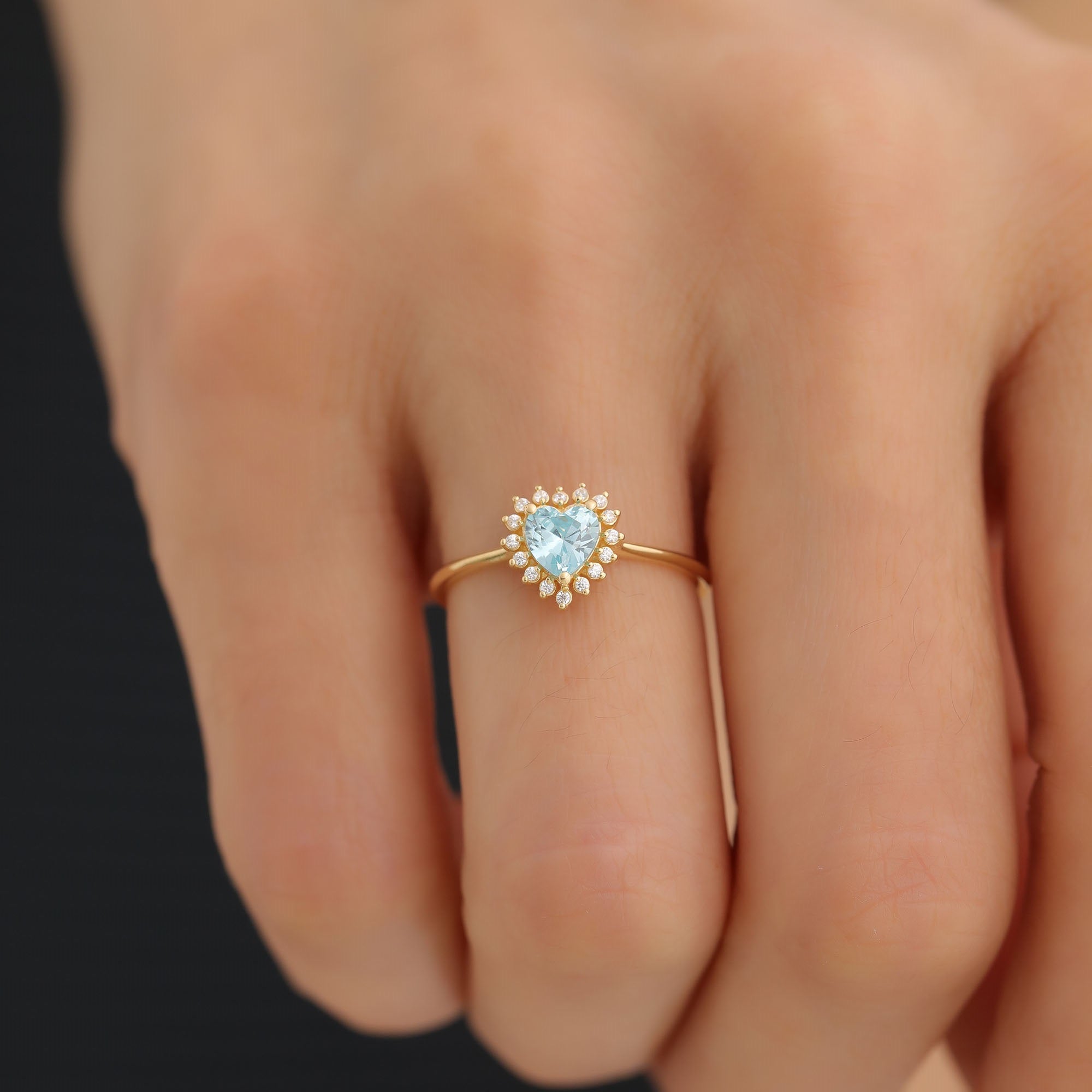 Aquamarine Heart Ring by 16 Real Diamonds in 14K Solid Gold, March Birthstone Jewelry Queen Jewelry Rings