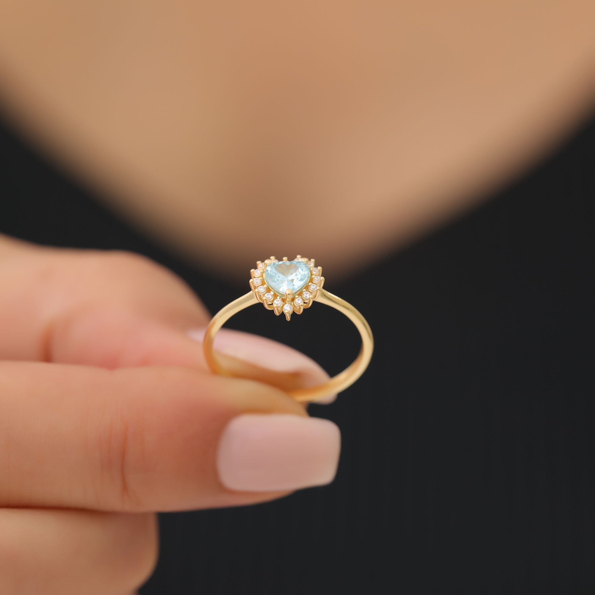 Aquamarine Heart Ring by 16 Real Diamonds in 14K Solid Gold, March Birthstone Jewelry Queen Jewelry Rings