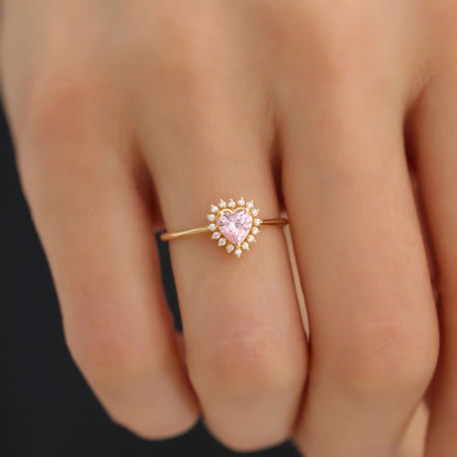 Pink Tourmaline Heart Ring by 16 Real Diamonds in 14K Solid Gold, October Birthstone Jewelry Queen Jewelry Rings